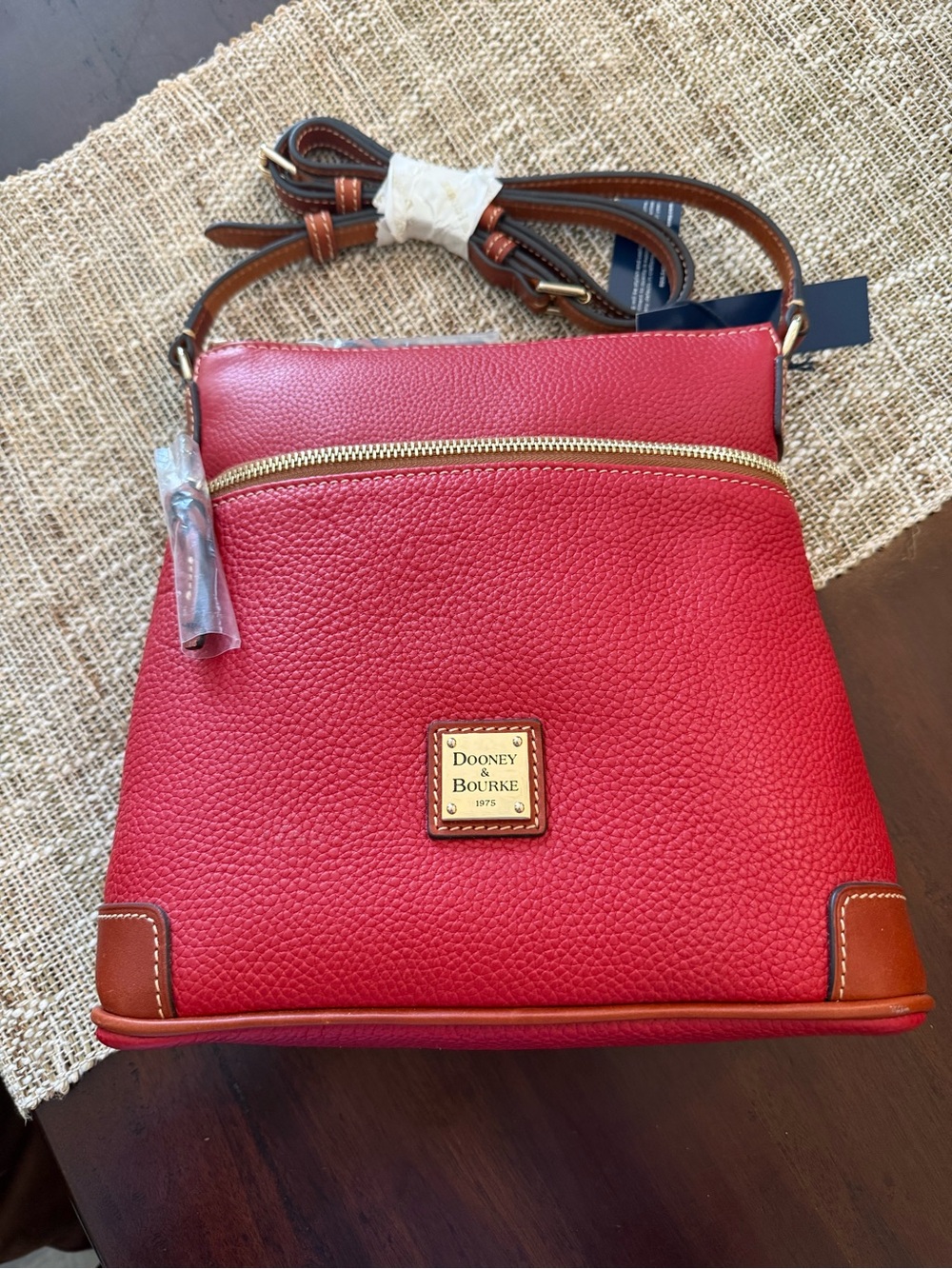 Dooney & Bourke Red Pebbled Leather Crossbody with Tan Trim
